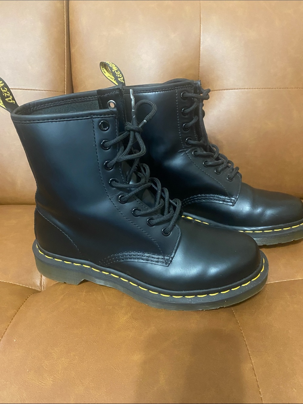Dr. Martens Black Leather Lace-Up Combat Boots with Yellow Stitching
